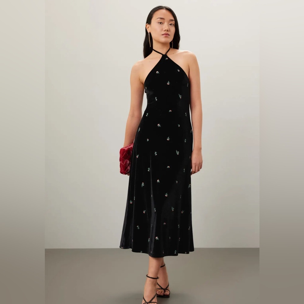 WeWoreWhat High Neck Flower Dress Size XS, Black Embroidered Velvet Floral